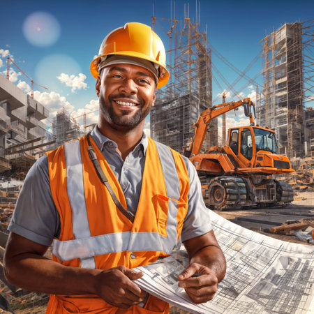 A construction worker in an orange hard hat, orange high-visibility vest, and light-colored shirt, smiling happily while holding blueprints on a construction site with scaffolding, cranes, and an excavator in the background.の素材