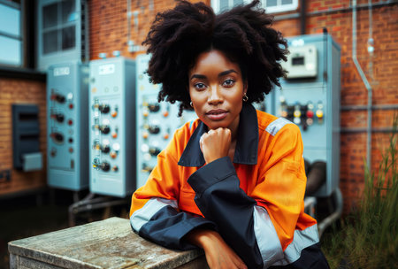 A young Black woman wearing an orange safety vest, sitting on a concrete surface in front of some industrial machinery or control panels. She has curly hair and is resting her chin on her hand with a thoughtful expression.の素材