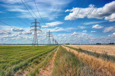 A serene countryside view with power line towers standing tall amidst fields of wheat and green grass, with a cloudy blue sky overhead.の素材