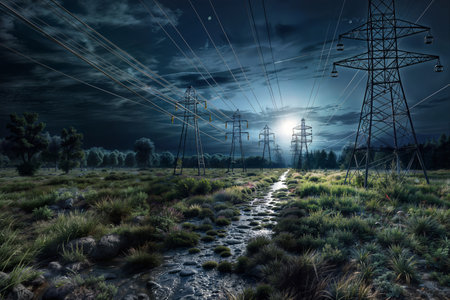 A moody and atmospheric composition featuring transmission towers silhouetted against a dramatic cloudy sky, with a small stream winding through a grassy landscape, creating a sense of tranquility amidst the industrial elements.の素材