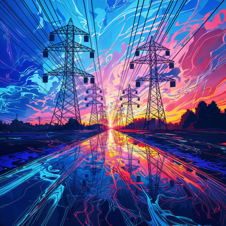 A vibrant, contrasting cityscape at sunset or sunrise, with silhouetted power line towers and vivid reflections in a body of water, highlighting the interplay between urban infrastructure and the natural environment.の素材