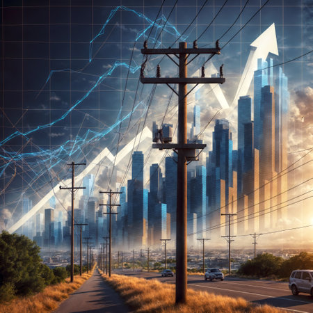 A futuristic digital artwork featuring a cityscape with skyscrapers and transmission towers, overlaid with intricate patterns of lines, graphs, and a large upward arrow, representing growth and technological progress.の素材