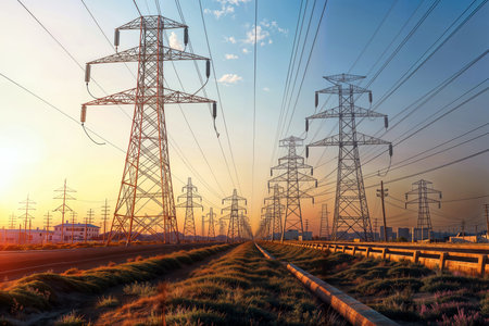 Train Tracks to the Future: Power Lines Guide a Modern Train - Combine the power of electricity with the speed of travel.の素材