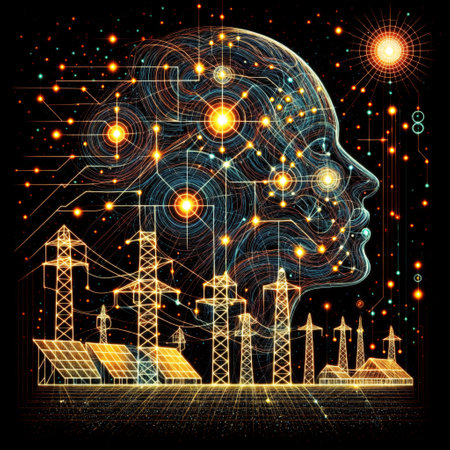 A digital illustration featuring a human silhouette with a glowing network of nodes and geometric patterns, representing the human mind and intelligence, surrounded by transmission towers and solar panels, symbolizing the interplay between technology and the human intellect.の素材