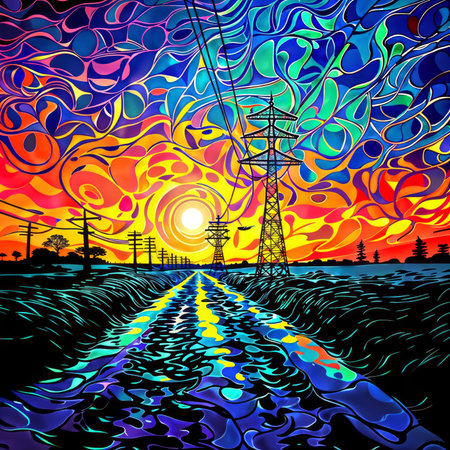 A vibrant, psychedelic artwork depicting power line towers against a surreal backdrop of swirling patterns and colors, with a shimmering river in the foreground reflecting the vivid hues.の素材