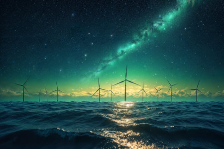 Showcases an array of wind turbines located in the ocean. The Milky Way galaxy still dominates the sky, but now it takes on a more ethereal green hue, contrasting beautifully with the warm tones of the sunset on the horizon. The turbines stand guard over the waters, their reflections dancing on the ripping surface.の素材