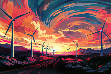 The image features a vibrant illustration of a sunset with windmills in the background. The sky is a mix of red, orange, and purple, and the clouds are swirling. The windmills are white and blue, and they are located at the bottom of the image.の素材