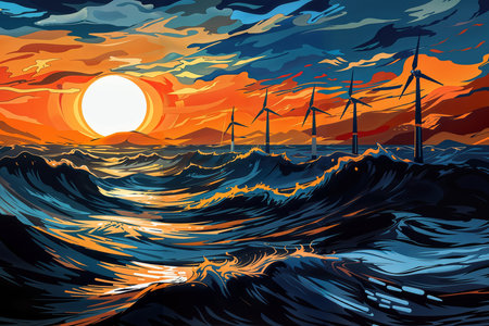 The image features a wind farm on the sea, with wind turbines on the sea's surface during sunset. The sky is orange and blue, and the sun is on the left side, rising over the sea.の素材