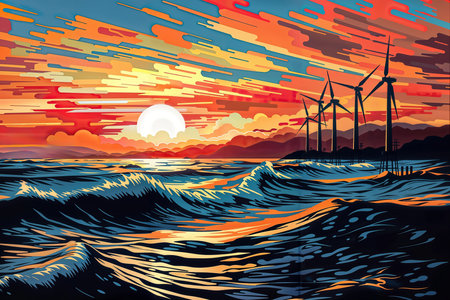 The image is an illustration of a wind farm on the ocean during a sunset. The sky is filled with orange, pink, and blue clouds, and the sun is a bright white circle. There are five wind turbines, each with three blades, and they are located at various points along the left side of the scene. The ocean is choppy with large waves, and the water is a deep blue.の素材