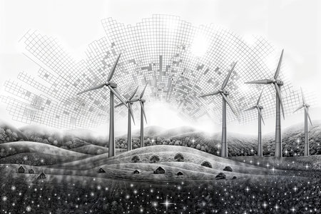 The image is a black and white illustration of a landscape with wind turbines.の素材