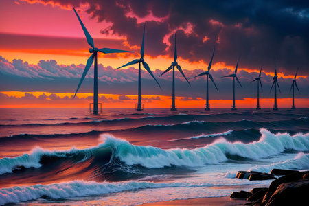 A row of wind turbines standing majestically along a coastline, with crashing waves in the foreground. The sky is painted in vivid shades of orange and red, creating a stunning sunset or sunrise backdrop. The turbines are silhouetted against the colorful sky, and the waves add a sense of movement and power to the scene.の素材