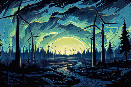 A field of wind turbines at night, with a green and blue color scheme, a river running through the center, and a mountain range in the background.の素材