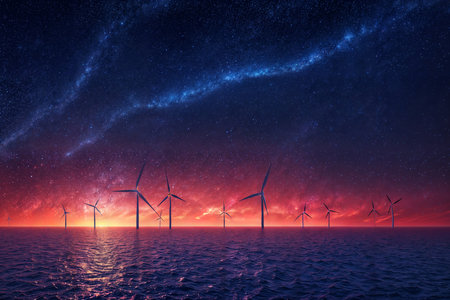 In this image, wind turbines are depicted against the backdrop of a starry night sky, with the Milky Way stretching across the heavens. The turbines are illuminated by a reddish-orange glow, creating a striking contrast with the deep blue hues of the night sky. The scene evokes a sense of tranquility and harmony between technology and the natural world.の素材
