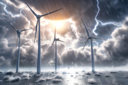 A dramatic scene of wind turbines towering amidst stormy clouds, with lightning bolts streaking across the sky. The turbines stand tall against the backdrop of ominous dark clouds tinged with hues of orange and grey. The scene conveys a sense of power and energy amidst the forces of nature.の素材