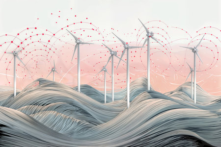 The image features a landscape of wind turbines on a hill, surrounded by wavy lines and dots connected by red lines, creating a sense of movement and connectivity.の素材