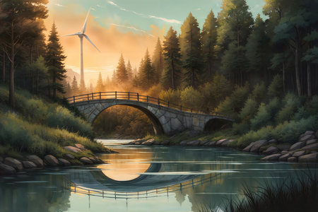 A serene and picturesque natural setting with a wind turbine standing tall among evergreen trees in a forest. A small bridge crosses a tranquil stream, with people enjoying the peaceful surroundings. The warm, golden light of the sunset adds a sense of tranquility and beauty to the scene.の素材