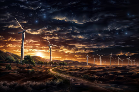 This image depicts a surreal landscape with towering wind turbines standing against a dramatic sunset sky. The sky is filled with swirling, wave-like clouds in shades of orange, pink, and blue, creating a mesmerizing contrast with the silhouetted turbines. A winding road leads through a rolling, tree-dotted terrain, guiding the eye towards the horizon.の素材