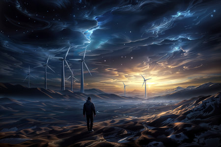 A dramatic and imaginative landscape with wind turbines silhouetted against a stormy sky filled with lightning and nebulous clouds. In the foreground, a solitary figure stands observing the scene, adding a sense of scale and wonder.の素材