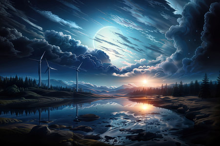 A serene landscape with a reflective lake surrounded by pine trees and mountains in the distance. The sky is filled with dramatic clouds and a large full moon, casting a mesmerizing glow over the scene. Wind turbines stand tall in the foreground, representing a harmonious blend of natural beauty and renewable energy sources.の素材