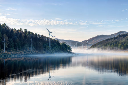 This serene image captures a tranquil lake surrounded by lush greenery and towering wind turbines. The lake's surface reflects the turbines and the cloudy sky above, creating a mirror-like effect. The turbines stand tall, their blades contrasting against the forested hills and mountains in the background, which are partially obscured by a layer of morning mist.の素材