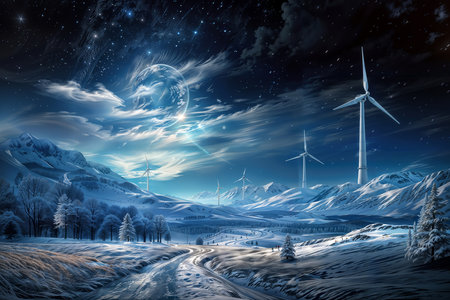 A surreal and fantastical scene with wind turbines nestled among snow-capped mountains. The sky is filled with a swirling vortex of clouds and a glowing celestial body, creating a dreamlike and otherworldly atmosphere.の素材