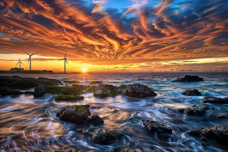 This image captures a breathtaking seascape during a dramatic sunset. Wind turbines are silhouetted against a fiery sky, with swirling clouds in shades of orange and blue creating a mesmerizing effect. The turbulent ocean waves crash against rocky outcrops, adding to the dynamic and powerful atmosphere.の素材