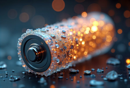 Macro Water Droplet on Lens. Extreme close-up of camera lens with water droplets and bokeh light effects, creating intricate texture and luminous background.の素材