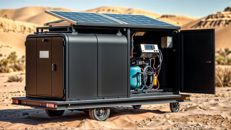 Desert power station. Mobile solar-powered generator unit with open panel revealing internal mechanical components in desert landscape with dunes and plants.の素材