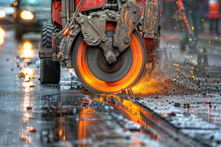 Road construction work. A large circular saw cuts into wet asphalt, creating a shower of sparks. Close-up on industrial machinery for street repair.の素材