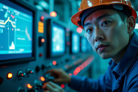 Engineer in control room. An Asian male operator monitors data on a screen from a control panel in a high-tech factory.の素材