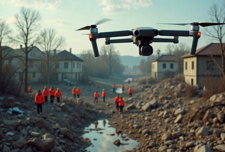 Search and rescue drone. A drone captures footage of a group in orange jackets surveying a rocky streambed near houses, suggesting a rescue or emergency response effort.の素材