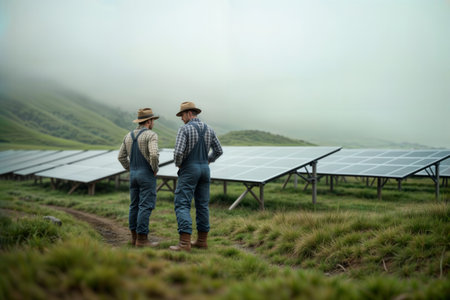 Farmers and solar energy. Two farmers in overalls and hats stand looking over a field of solar panels on a misty, rural hillside.の素材