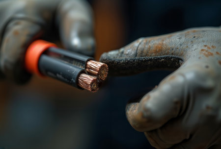 Industrial Power Cable. Close-up macro shot of exposed copper wires in electrical cable with protective gloves handling it.の素材