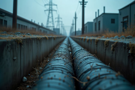 Urban Pipeline Infrastructure. Low-angle view of industrial pipelines running parallel through concrete channel with power lines and industrial buildings in background.の素材