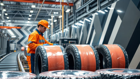 Factory worker checks metal components. Description. Man in hard hat inspecting manufactured metal parts in a factory setting on a bright day.の素材