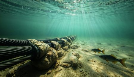 Underwater cables and fish. Underwater view of thick cables on the seabed with two fish swimming nearby, sunlight filtering through the water.の素材