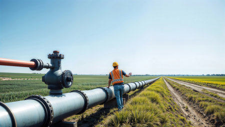 Worker in the field with oil pipeline. Selective focus.の素材