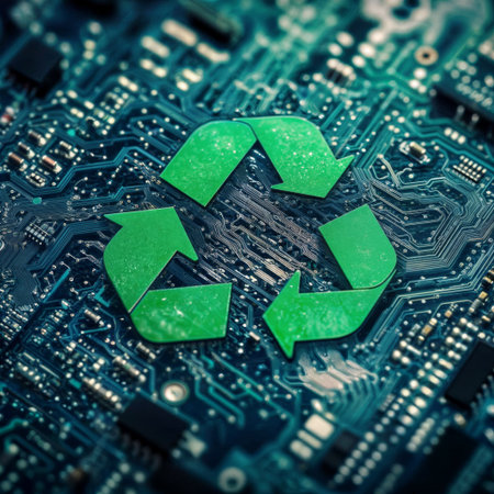 E-waste recycling symbol. Green recycling icon overlaid on computer circuit board background showing electronic waste management concept.の素材