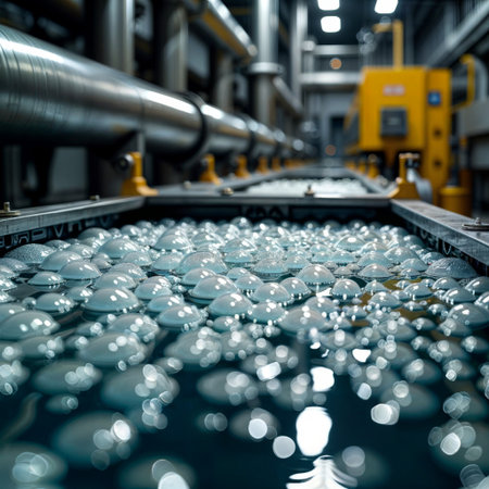 Contact Lens Manufacturing. Industrial production line of contact lenses showing multiple dome-shaped lenses in manufacturing tray with specialized equipment.の素材