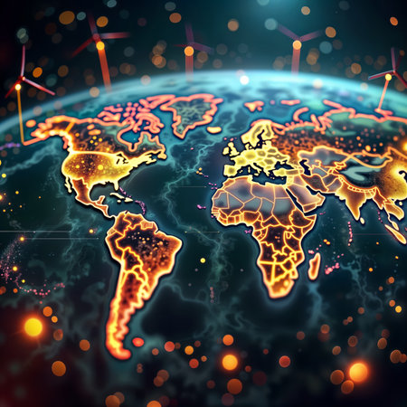 Global Network. A glowing Earth map with interconnected lines and wind turbines.の素材