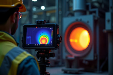 Thermal Imaging in Metallurgy. Worker uses thermal camera to monitor high-temperature process, likely in metal production or processing.の素材