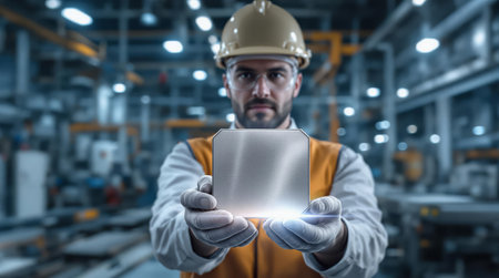 Metal industry innovation. An engineer in safety gear presents a metal plate in a factory, highlighting industrial advancements.の素材