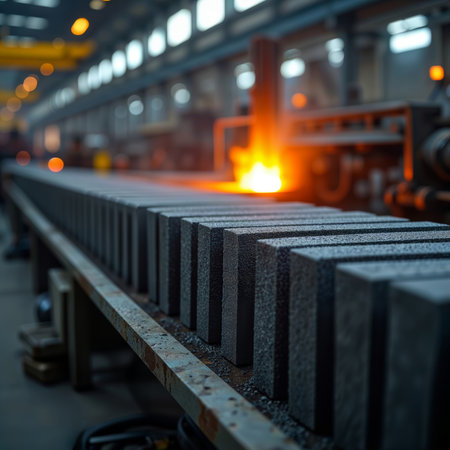 Steel production line. A row of steel blocks being processed in a factory with a glowing furnace in the background.の素材