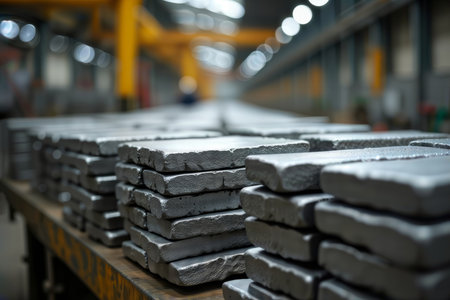 Metal ingots in storage. Stacks of gray metal ingots arranged on pallets in an industrial warehouse with blurred yellow overhead structures in the background.の素材