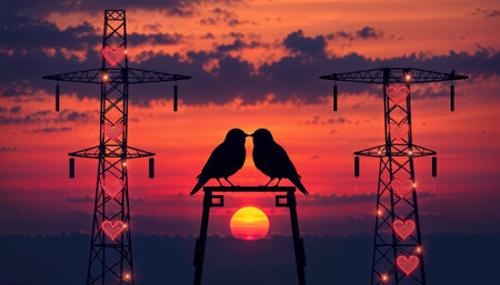 Electric Love Birds. Two birds silhouetted against dramatic sunset sky with illuminated heart-decorated power transmission towers.の素材