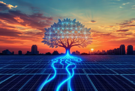 Solar Energy Concept. A tree with glowing roots growing on solar panels against a city skyline at sunset.の素材