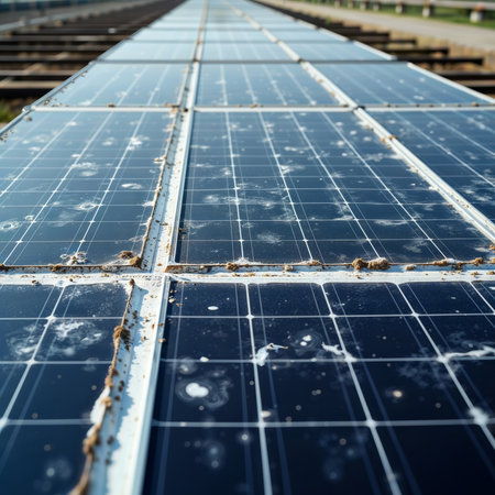 Dirty Solar Array. Close-up view of dusty solar panels showing accumulated dirt and debris along panel edges, highlighting maintenance needs.の素材
