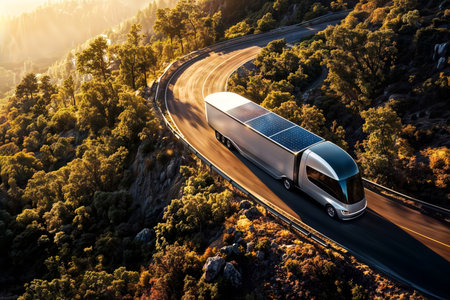 Solar Electric Truck. Futuristic semi truck with solar panels on trailer roof driving on mountain highway during golden sunset.の素材