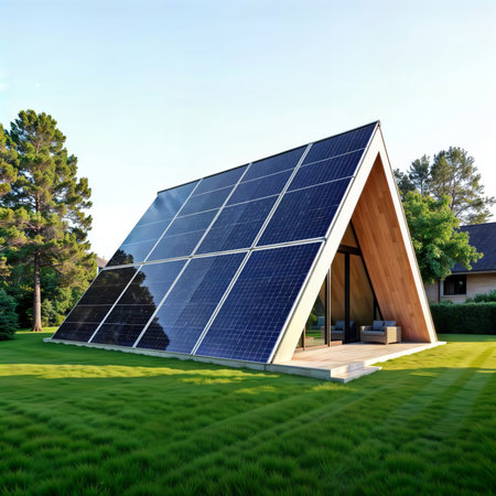 Solar Cabin. Modern A-frame cabin with solar panels on the roof.の素材