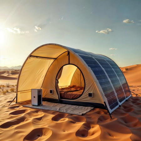 Futuristic Desert Shelter. Curved orange tent with integrated solar panels set in desert landscape, blending modern technology with nature.の素材